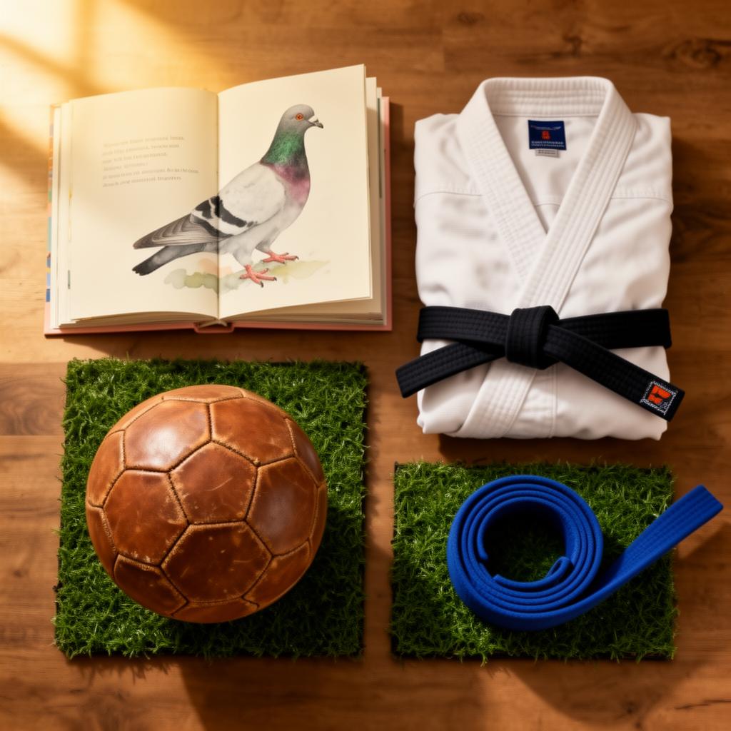 Composição com livro do Serafim, kimono de judô, faixa de jiu-jitsu e bola de futebol — quatro frentes dos projetos sociais do IRFAN