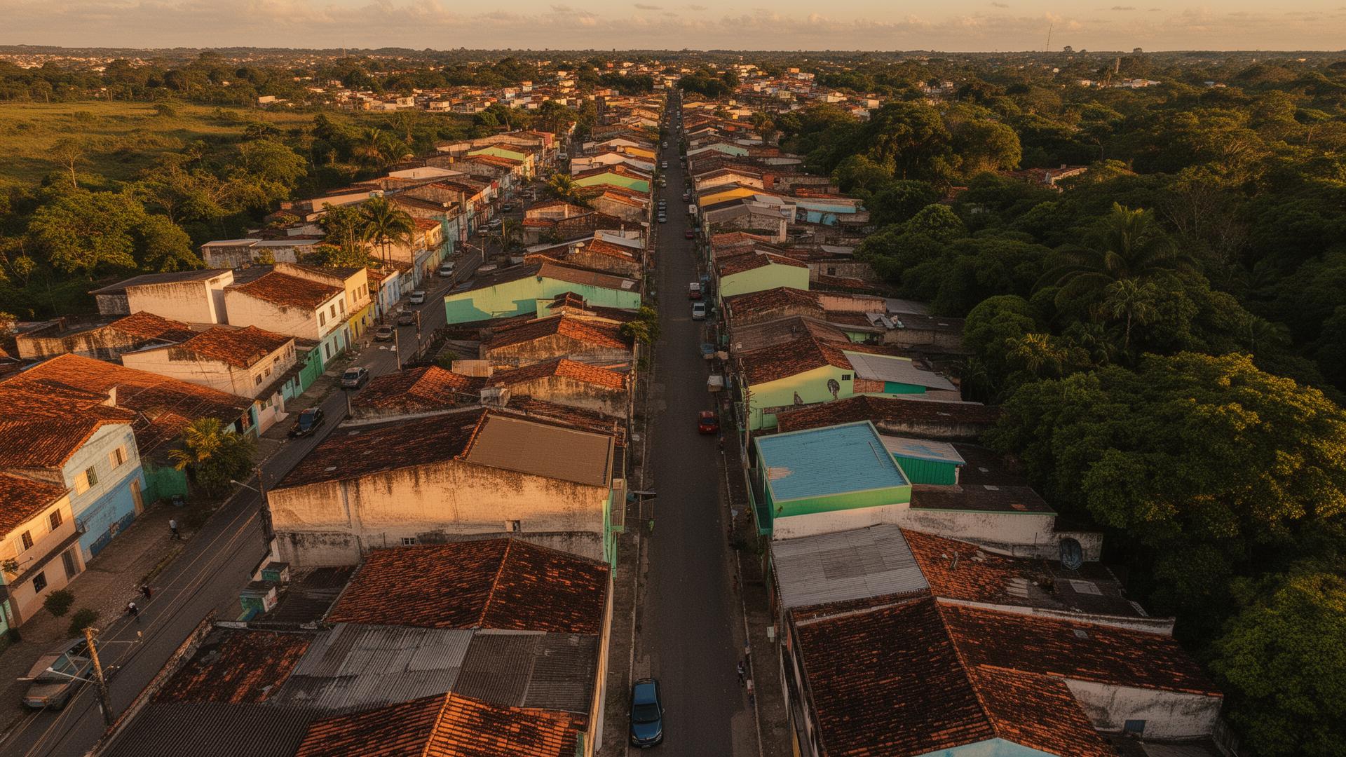 Vista aérea de drone sobre bairro brasileiro em processo de regularização fundiária
